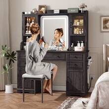 EnHomee Farmhouse Vanity Desk With LED Lighted Mirror, Makeup Vanity Table With RGB Cabinets And Lots Storage, 5 Drawers And 6 Storage Shelves For Bedroom And Dressing Room, Black - 美規A型插(110-127V) - 查看 7