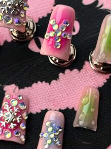 10 Unhas feitas à mão no formato de um bico de pato curto, decoradas em um estilo elegante e romântico francês nos Estados Unidos e na Europa, com um design pintado à mão em verde com estampado tie-dye e diamantes, laço 3D tridimensional, unhas luxuosas feitas à mão, estilo Y2k Baddie, são destacáveis e reutilizáveis, adequadas como presentes. Anexar 1 Gel e 1 Lixa