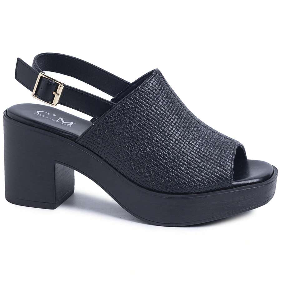 Women's Slingback Platform Sandals – Chunky Wooden Block Heel With Textured Strap - Black - View 1