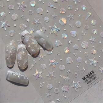Ocean Style Nail Stickers - Self-Adhesive Seashell, Starfish And Conch Pattern Nail Art Decals, Matte Finish With Glitter Accents, DIY Manicure