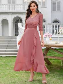 MIUSOL V Neck Floral Lace Ruffle Trim 3/4 Sleeve Evening Party Long Dress