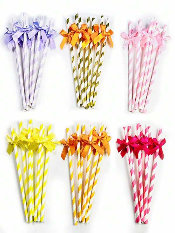 10 Bowknot Striped Straws, Disposable Tableware, Birthday Party Straw Decoration, Watermelon, Strawberry, Fruit, Milk Tea, Juice, Milk, Bar Cold Drink, Ice Drink Striped Straws
