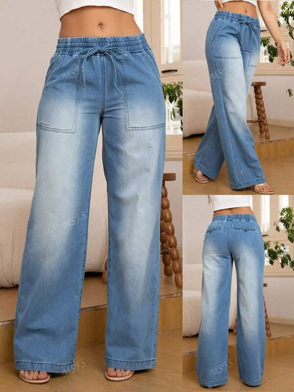 Fashionable Versatile Women Straight-Leg Wide Denim Pants With Back Pockets And Elastic Waist