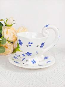 1 Set Taza de café de cerámica pintada a mano con plato, de estilo floral, de gran tamaño para uso doméstico y regreso a la escuela