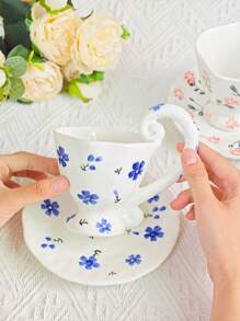 1 Set Taza de café de cerámica pintada a mano con plato, de estilo floral, de gran tamaño para uso doméstico y regreso a la escuela