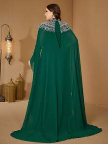 SUPGIR Plus Women's Stand Collar Beads Sequin Patchwork Cape Sleeve Slim-Fitting Chiffon Evening Dress