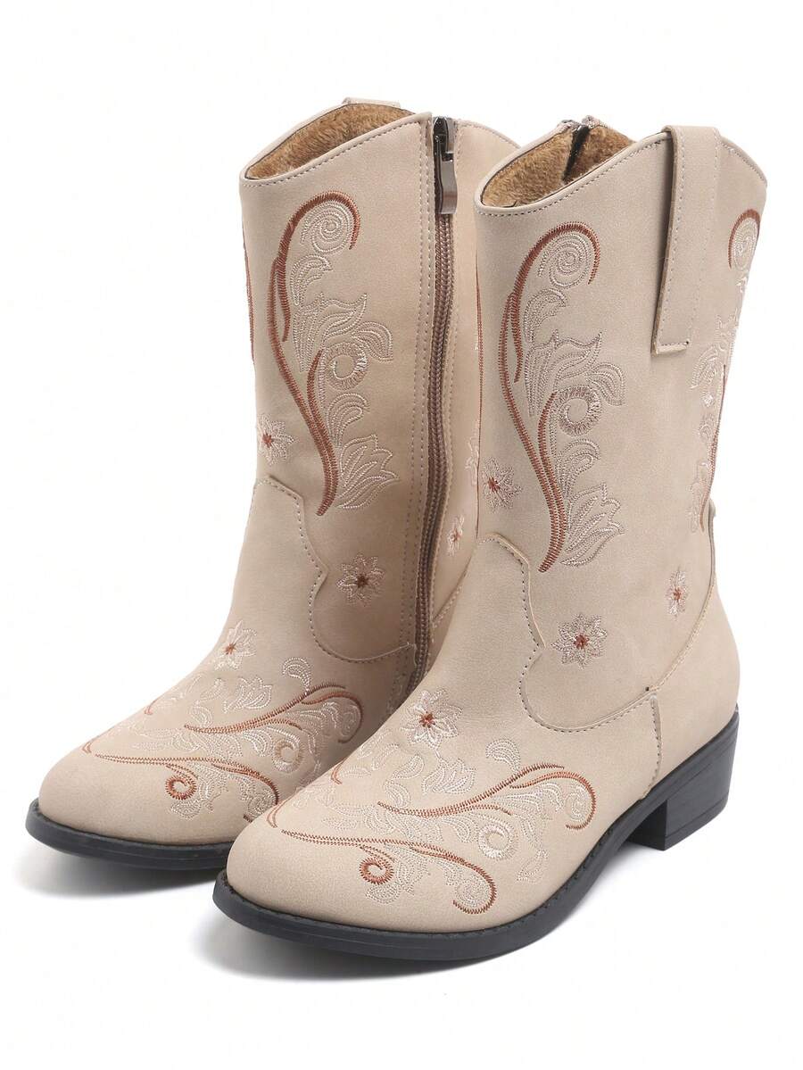 1 Pair Classic Girls Boots, Fashion Comfortable Non-Slip Durable Western Embroidered Versatile Riding Boots, Elegant Casual Boots, Retro Lightweight Boots, Suitable For Daily Wear - Beige - View 1