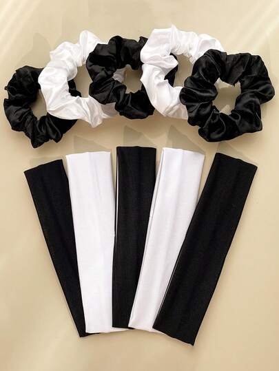 10pcs Solid Color Minimalist Sports Vintage Fashion Breathable Sweat-Absorbing Hair Accessories. Hair Scrunchie + Sports Headband Combo Set. Suitable For Daily Wear And Sports Matching., School Stuff, Gifts, Gym's Outfit, Head Bands, Hair Bands, Hair Tie
