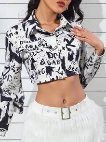 Mujer Truncada Manga Larga Con Bolsillo Camisa Ultra Corta Camisa Floral Holiday Matching - Blanco y Negro - Ver 1