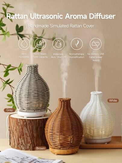 ellestfun 1 pezzo Umidificatore per aromaterapia a ultrasuoni con simulazione di intreccio di rattan, alimentato da USB 5V, 80ml, adatto per piccoli ambienti