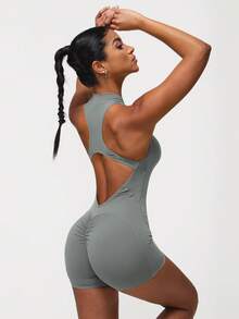 Sodalemon Women's Tight Zipper Yoga Jumpsuit Backless Peach Butt Fitness Activewear Jumpsuit - Grey - View 4