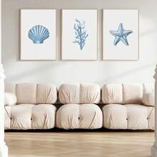 3 套无框蓝色夏季海岸墙艺术海报帆布印刷简约贝壳珊瑚海星航海海洋海滩别墅装饰画适用于公寓、客厅、卧室、现代家居装饰 - 彩色 - 查看 3