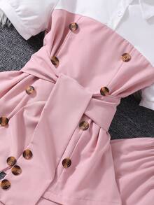 2pcs Girls' Lantern Sleeve Polo Collar Top & Wide Leg Pants Set, Casual/Party/Performance Outfit, Spring/Summer - Pink - View 5