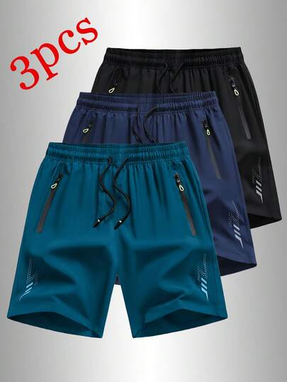 3pcs Men's Casual Sports Shorts, Loose Fit Quick Dry With Reflective Stripes, Pockets, Zipper Waist And Drawstring, Suitable For Fitness, Running And Outdoor Activities Summer