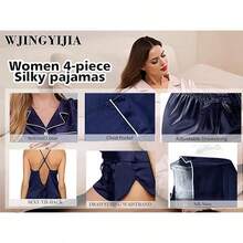 4Pcs Womens Silk Pajama Sets Satin Pajamas Set Sexy Cami Lingerie Pjs Nightwear Silky Pj Loungewear Sleepwearhalloween - 孔雀藍 - 查看 2