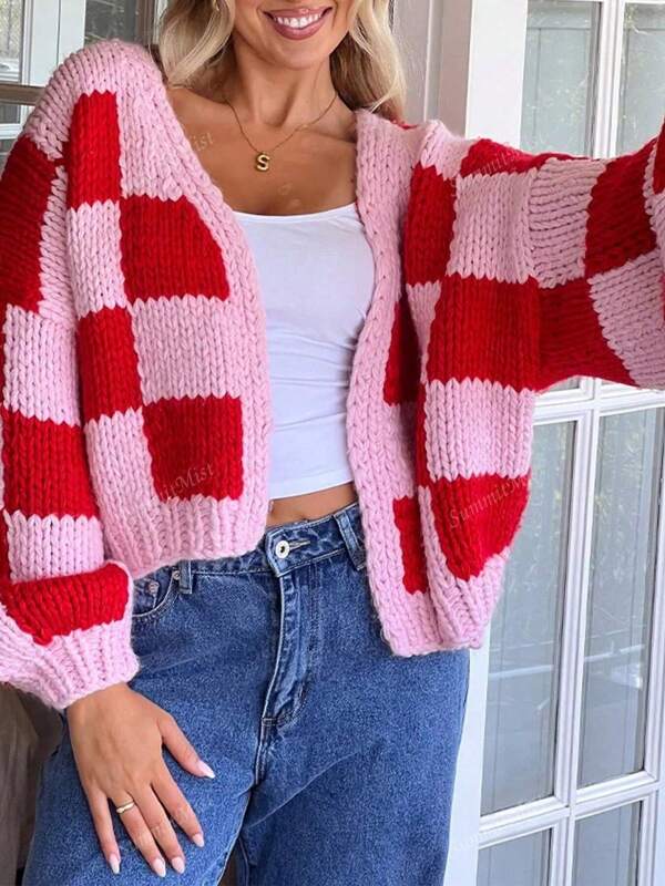 Women Casual Loose Long Sleeve Checkerboard Pattern Shoulder Dropping Knitted Cardigan, Autumn/Winter