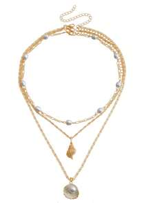 1 pièce Collier pendentif multicouche en coquillage de perles synthétiques, collier chaîne plate en métal de style bohème pour femmes, accessoire polyvalent pour les vacances à la plage