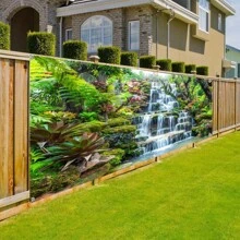 Large Retro Landscape Waterfall Garage Door Banner - Vibrant Summer Forest Scene With Waterfall, Green Trees And Flowers - Easy To Install, Ideal For Parties, Celebrations, Outdoor & Garden Decor, Polyester Material, Party Backdrop | Natural Style Decor | Easy-To-Install Decor, Waterfall Decor