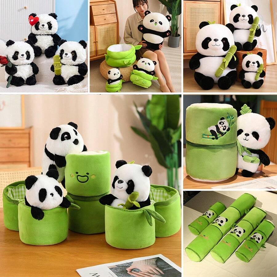 Soft Cute Panda Plush Doll In Bamboo Tube - Made Of Green Polyester Fiber, Multi-Positioning, Bamboo Tube - Ideal Gift For Christmas And New Year, Festival Toys With Playful Design, Soft Texture, Children's Birthday Gifts, Event Party Favors - 彩色 - 查看 1