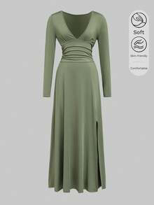 Women's Sage Green V-Neck Flowy Elegant Maxi Dress Long Sleeve High Slit Summer Party Casual Pastel Dresses - Green - View 5