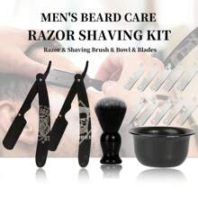 4 In1 Men's Straight Razor Shaving Kit - Including Metal Shaver With 10pcs Stainless Steel Blades & Shaving Brush & Shaving Bowl, 3D-Muster-Design For Staight Razor, Perfect Gift For Father & BoyFriend