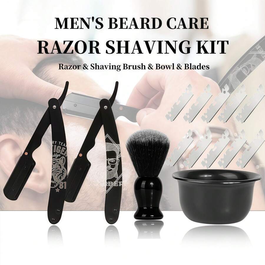 4 In1 Men's Straight Razor Shaving Kit - Including Metal Shaver With 10pcs Stainless Steel Blades & Shaving Brush & Shaving Bowl, 3D-Muster-Design For Staight Razor, Perfect Gift For Father & BoyFriend