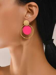 1pc Metallic Circular Disc Earrings, Creative Design Gift For Her - Black - View 5