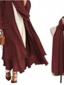 1 Set Women 2-Layer Skirt Pleated Chiffon Abaya Cardigan Long Robe, Casual Muslim Islamic Loose Dress Suitable For Daily & Festival Occasions - Apricot - View 8