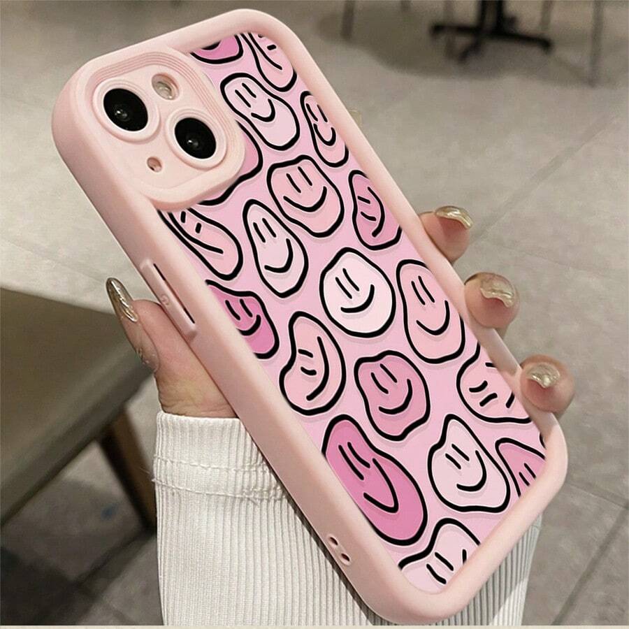 Funda protectora para teléfono con diseño de fondo de cara feliz rosa, estilo lindo y femenino, de silicona TPU suave y resistente a golpes, [compatible con modelos X/Xs/11/12/13/14/15/16 Pro/16 Promax], regalo ideal para novia/mejor amiga, regalo de cumpleaños para mujeres, funda estética y protectora. - Rosa - Ver 1