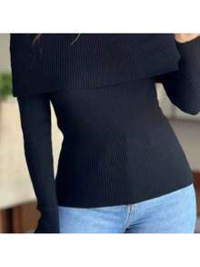Women's Modal Ribbed Off-The-Shoulder Blouse Winter Long Sleeve Knit Off-The-Shoulder - 黑色 - 查看 2