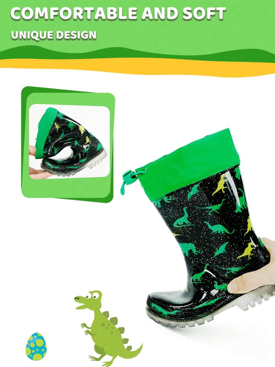Botas de lluvia con diseño de dinosaurio para niños, botas impermeables de PVC para niños, botas de lluvia antideslizantes clásicas y a prueba de agua con cordón, con patrón de dibujos animados de moda, fáciles de poner y quitar, botas de lluvia brillantes