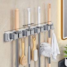 1pc Wall-Mounted Metal Broom Holder Rack With Adjustable Hooks, Suitable For Bathroom, Kitchen, Garden, Laundry Room, Garage Storage Organizer - Powder Coated Surface, Space-Saving Rack For Broom, Mop, Tools, Shelves