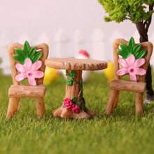 6 Peças Conjunto Mágico de Mesa e Cadeira Mini, Kit de Móveis de Jardim de Fadas com Flores Rosas e Folhas Verdes, Resina ABS Durável - Perfeito para Casas de Bonecas, Cenas em Miniatura e Artes e Artesanato, Acessórios de Jardim de Fadas