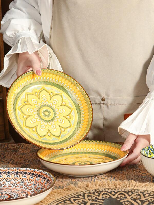 1 Piece Bohemian Style Ceramic Plate, Available In Single, Set Of 4, Or 4 Mix-And-Match, Suitable For Home/Restaurant, Dinner Plate, Salad Plate