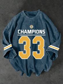 Shwiy Men's Washed Vintage Effect College Style 33 Numeral Print Short Sleeve T-Shirt, Simple Graphic Tee Suitable For Casual Daily Wear, Black - Blue - View 1