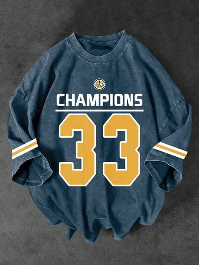 Shwiy 男式水洗复古效果学院风 33 数字印花短袖 T 恤，简约图案 T 恤适合日常休闲穿着，黑色