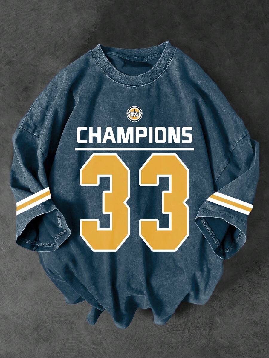 Shwiy Men's Washed Vintage Effect College Style 33 Numeral Print Short Sleeve T-Shirt, Simple Graphic Tee Suitable For Casual Daily Wear, Black - Blue - View 1