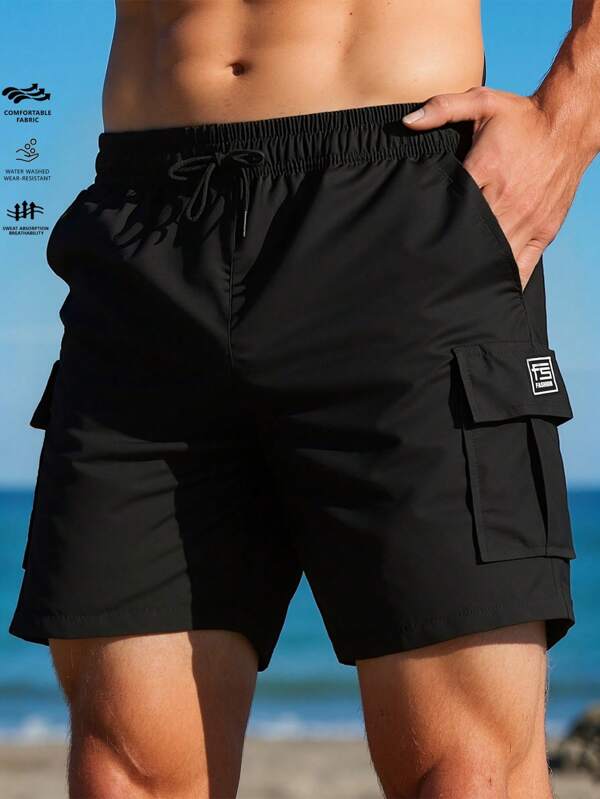 Men's Versatile Black Casual Shorts, Elastic Waist, Multi-Functional Pockets, Lightweight Breathable Fabric, Essential For Outdoor Leisure & Sports In Summer