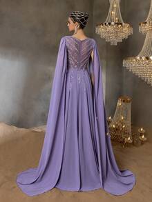 Faeriesty Haute Glamour Gorgeous Elegant Chiffon Gown With Crystal Beading V-Neckline & Dramatic A-Line Skirt | Luxury Evening Dress For Black Tie Events And Weddings - Màu tím - Xem 2