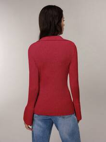 FOR BEAUTY 春秋新款复古纯色卷领长袖针织毛衣女修身简约百搭复古风喇叭袖毛衣开衫上衣 - 紅色 - 查看 3