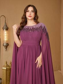 SUPGIR Plus Women's Stand Collar Cape Sleeve Sequin Patchwork Slim-Fitting Chiffon Temperament Evening Dress - Red Violet - View 7