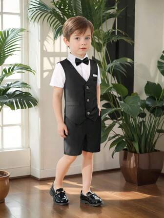2024 夏季新款男童绅士套装，包括短袖衬衫、背心、短裤、领结，4 件套，夏季儿童婚礼派对正装