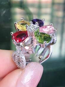1 pieza Anillo colgante de flor con cristales de arcoíris incrustados lujosamente, adecuado para uso diario, elegantes fiestas, bodas, vacaciones, regalo perfecto para mujeres - Multicolor - Ver 6