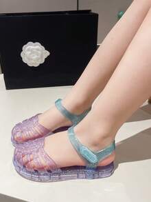 闪亮儿童平底果冻公主凉鞋，女童户外休闲透气拼色沙滩鞋，夏季 - 紫色 - 查看 6