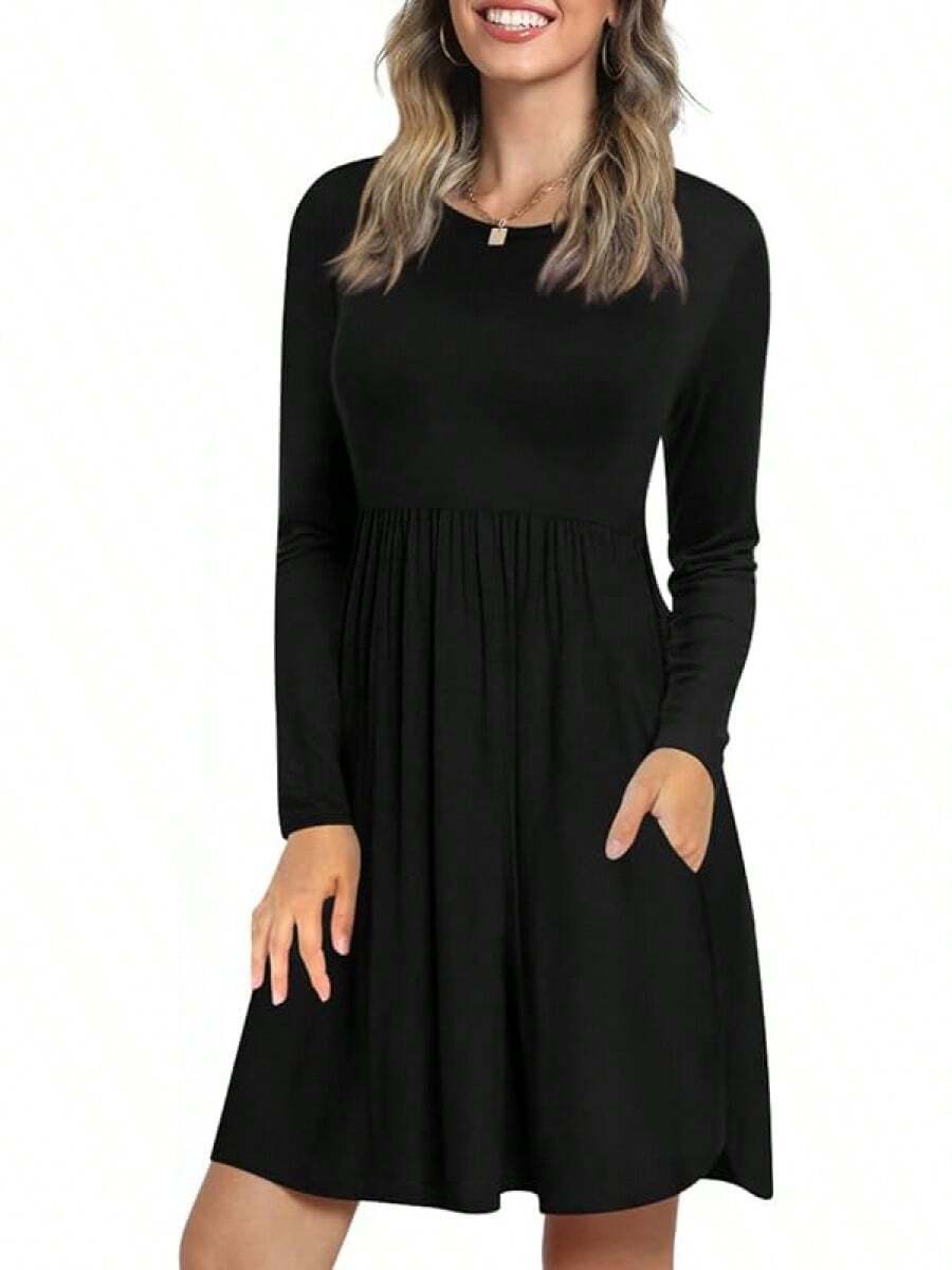 Womens Long Sleeve Dresses Casual Loose Fit Swing Dress Hide Belly With Pockets - 黑色 - 查看 1