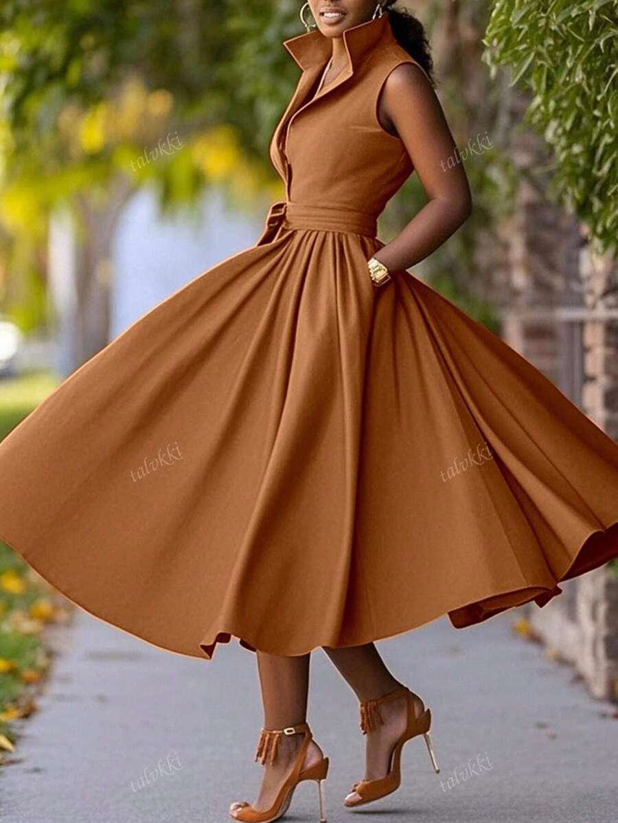 Women's Clasi Plus Dress Sleeveless A-Line Solid Color Button Dress With Pockets, Summer Maxi Women Outfit