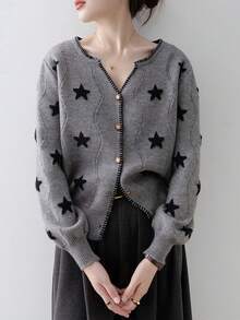 Cárdigan de punto con cuello en V, botones delanteros y manga larga con estampado de estrella de moda  Estrella  Color combinado    Casual    Botón delantero  Lazo - Gris - Ver 3