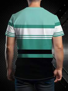 时尚条纹男士圆领T恤：舒适与时尚的完美融合，休闲百搭上衣，100%涤纶面料，轻盈透气，适合夏季穿着。 - 黑色 - 查看 3