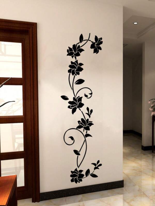 Adesivo de parede de vinil removível com flor de videira preta, 1 peça. Adesivos de parede de PVC à prova d'água com estampa floral, adequados para decoração de casa, sala de estar e quarto. Papel de parede, adesivos de parede, adesivos de vinil para decoração de casa. Itens decorativos de primavera para renovar sua casa. Adesivos decorativos de lhama para decoração de parede