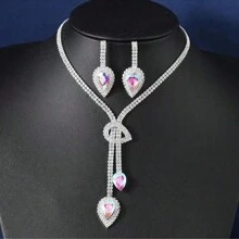 Conjunto de brincos e colar com pingente de lágrima de diamante, acessório formal para vestido de noiva com borla de cristal